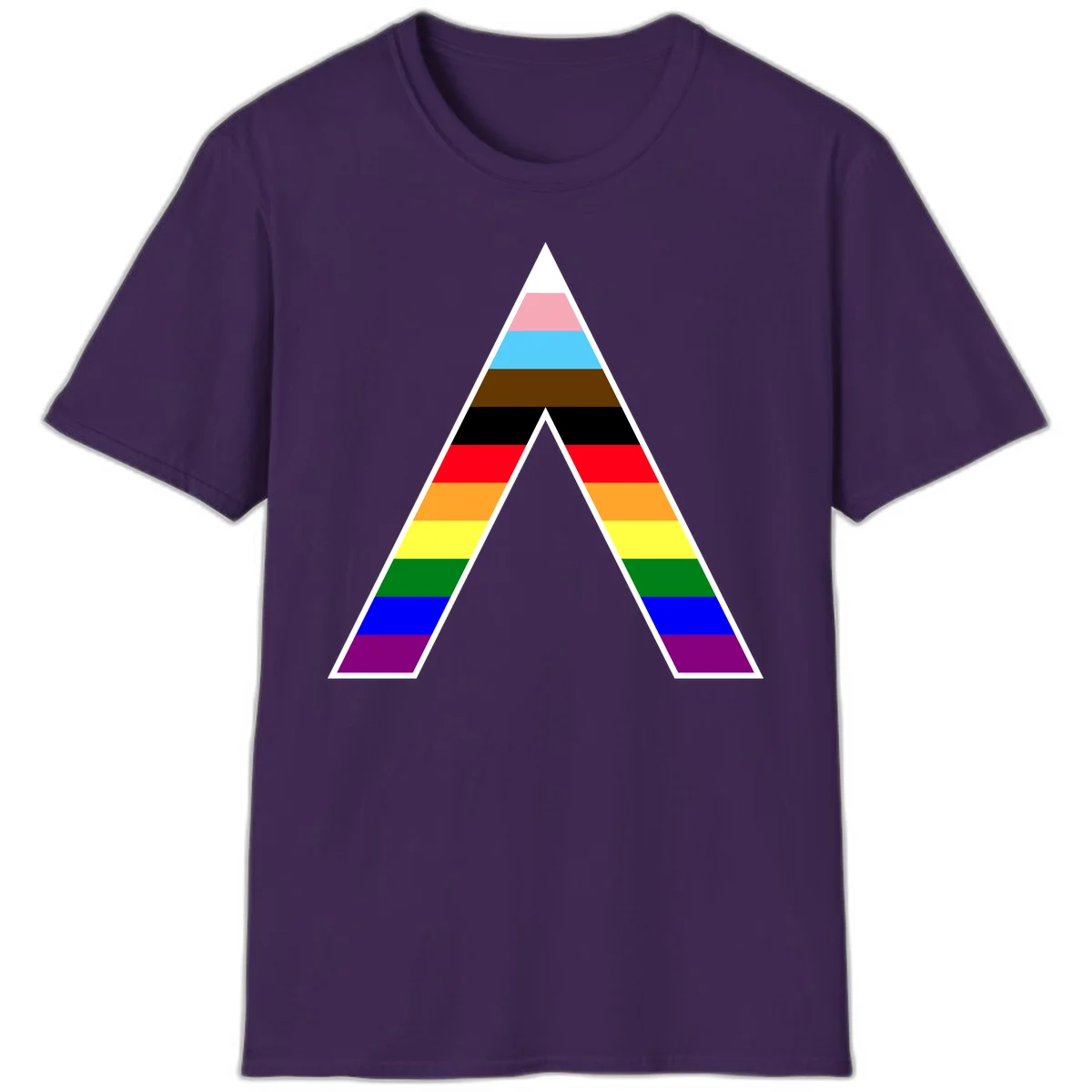 Geometric rainbow pride pyramid with horizontal color stripes and nested triangle cutout design in Purple