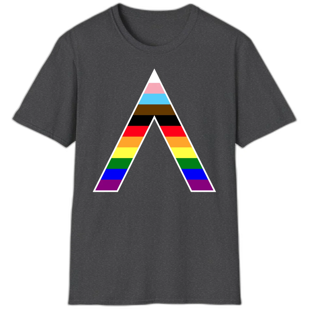 Geometric rainbow pride pyramid with horizontal color stripes and nested triangle cutout design in Dark Heather