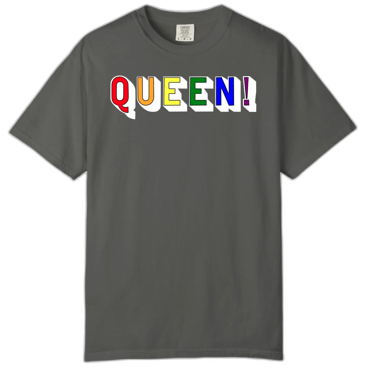 Rainbow-queen-pride design: colorful letters spelling QUEEN! in red, orange, yellow, green, blue, and purple with 3D shadow effect in Pepper