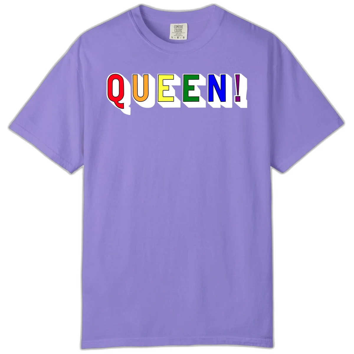 Rainbow-queen-pride design: colorful letters spelling QUEEN! in red, orange, yellow, green, blue, and purple with 3D shadow effect in Violet