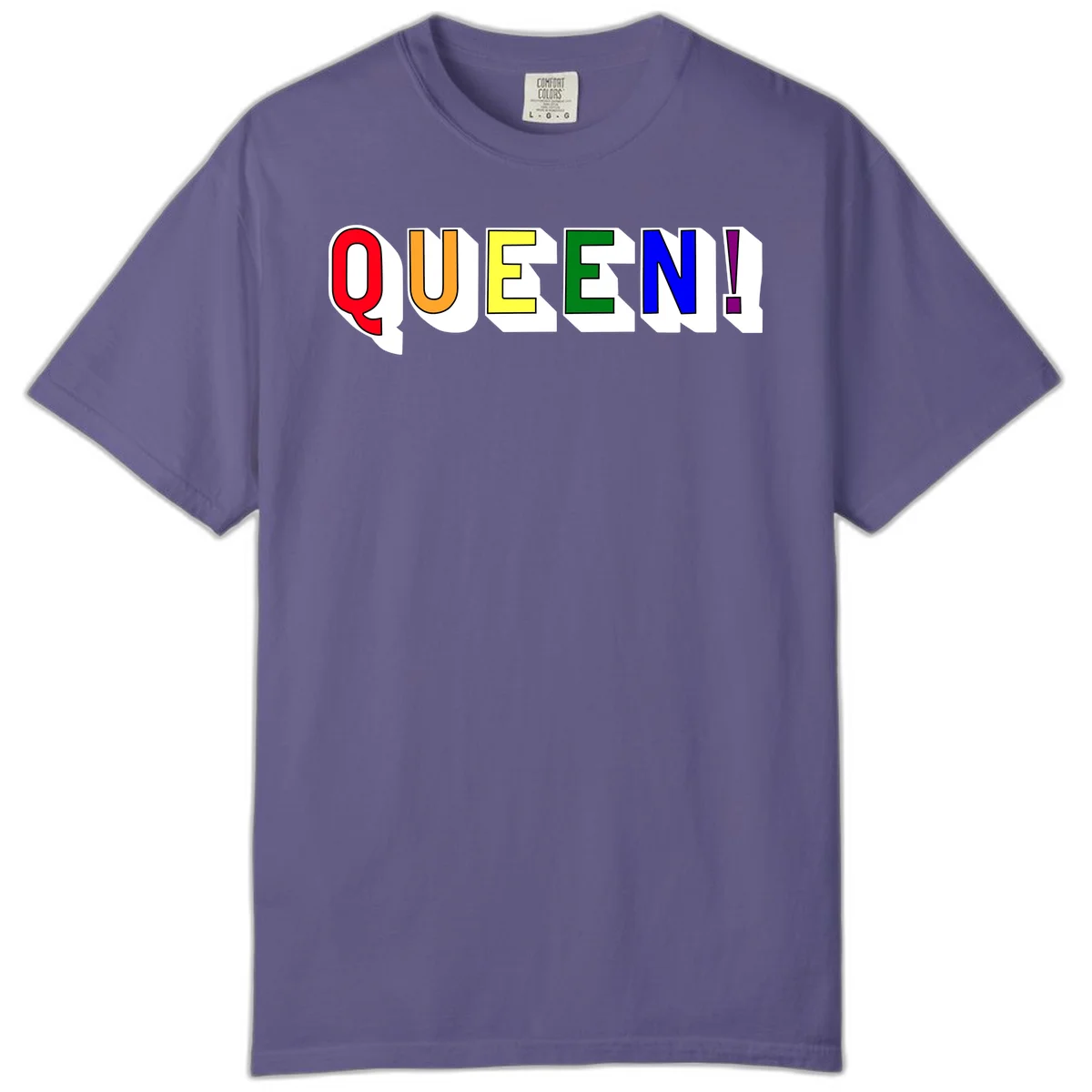 Rainbow-queen-pride design: colorful letters spelling QUEEN! in red, orange, yellow, green, blue, and purple with 3D shadow effect in Grape