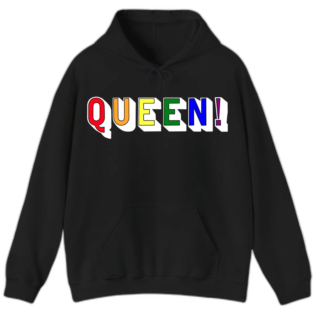 Rainbow-queen-pride design: colorful letters spelling QUEEN! in red, orange, yellow, green, blue, and purple with 3D shadow effect in Black