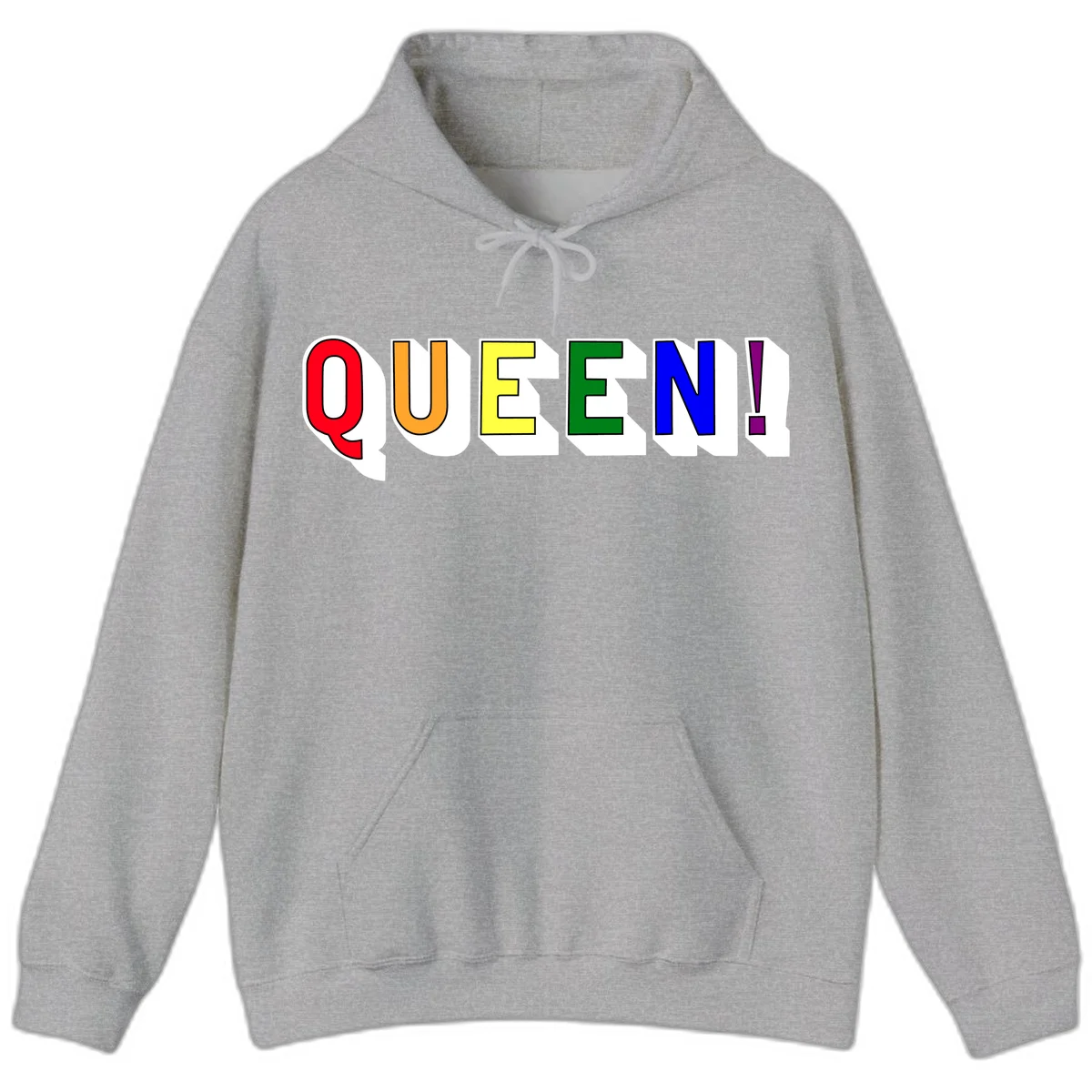 Rainbow-queen-pride design: colorful letters spelling QUEEN! in red, orange, yellow, green, blue, and purple with 3D shadow effect in Sport Grey