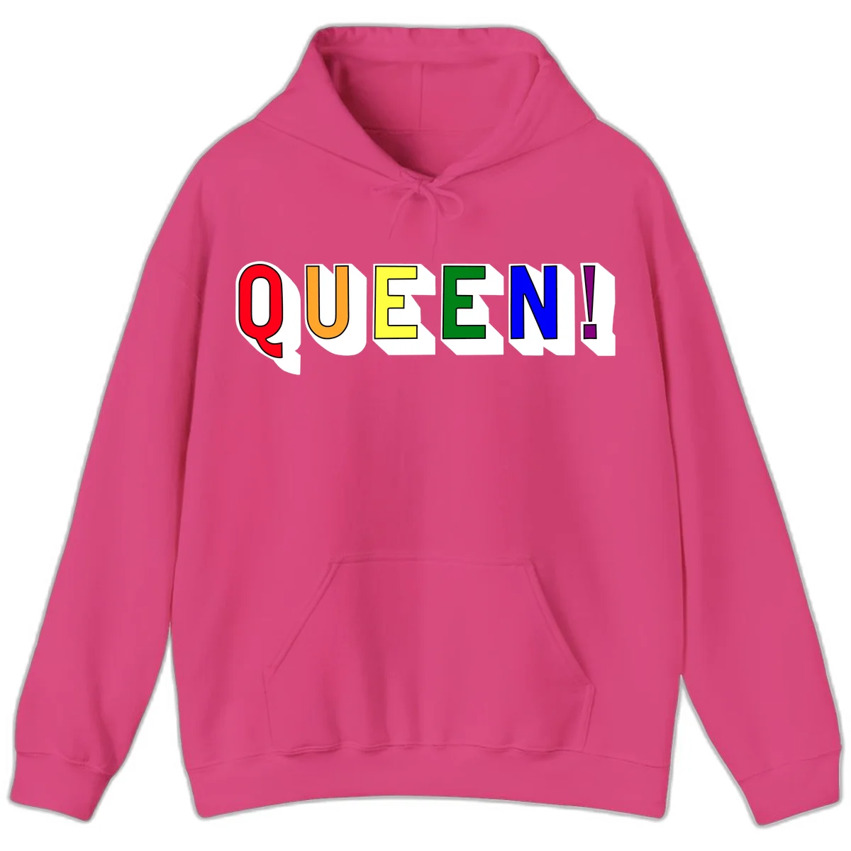 Rainbow-queen-pride design: colorful letters spelling QUEEN! in red, orange, yellow, green, blue, and purple with 3D shadow effect in Heliconia