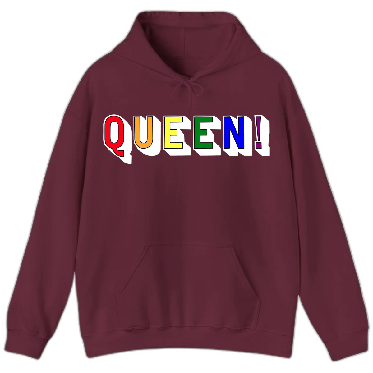Rainbow-queen-pride design: colorful letters spelling QUEEN! in red, orange, yellow, green, blue, and purple with 3D shadow effect in Maroon