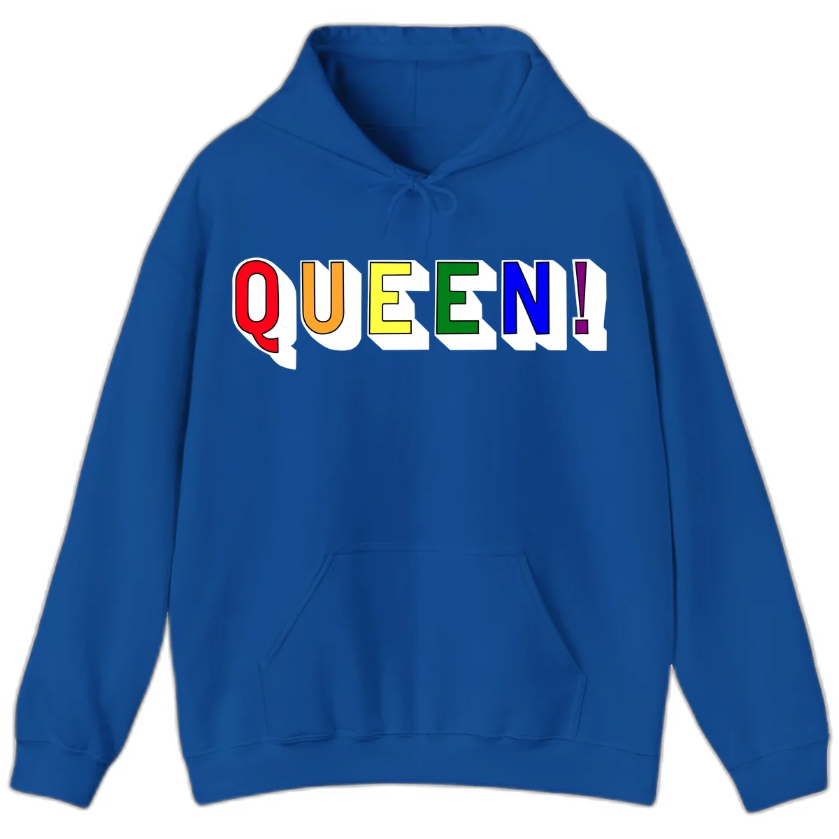 Rainbow-queen-pride design: colorful letters spelling QUEEN! in red, orange, yellow, green, blue, and purple with 3D shadow effect in Royal