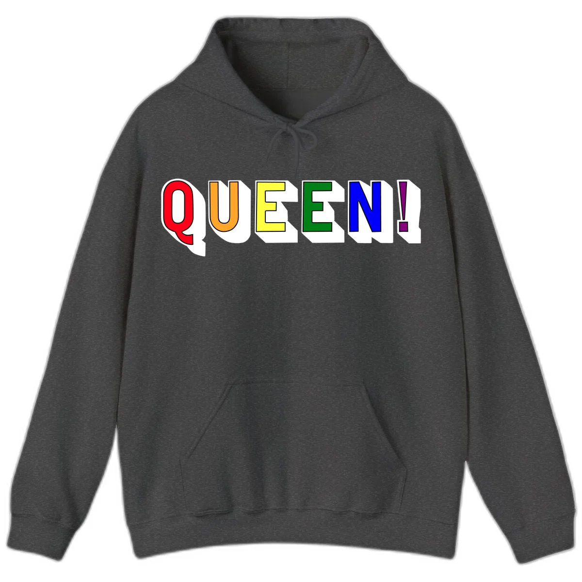 Rainbow-queen-pride design: colorful letters spelling QUEEN! in red, orange, yellow, green, blue, and purple with 3D shadow effect in Dark Heather
