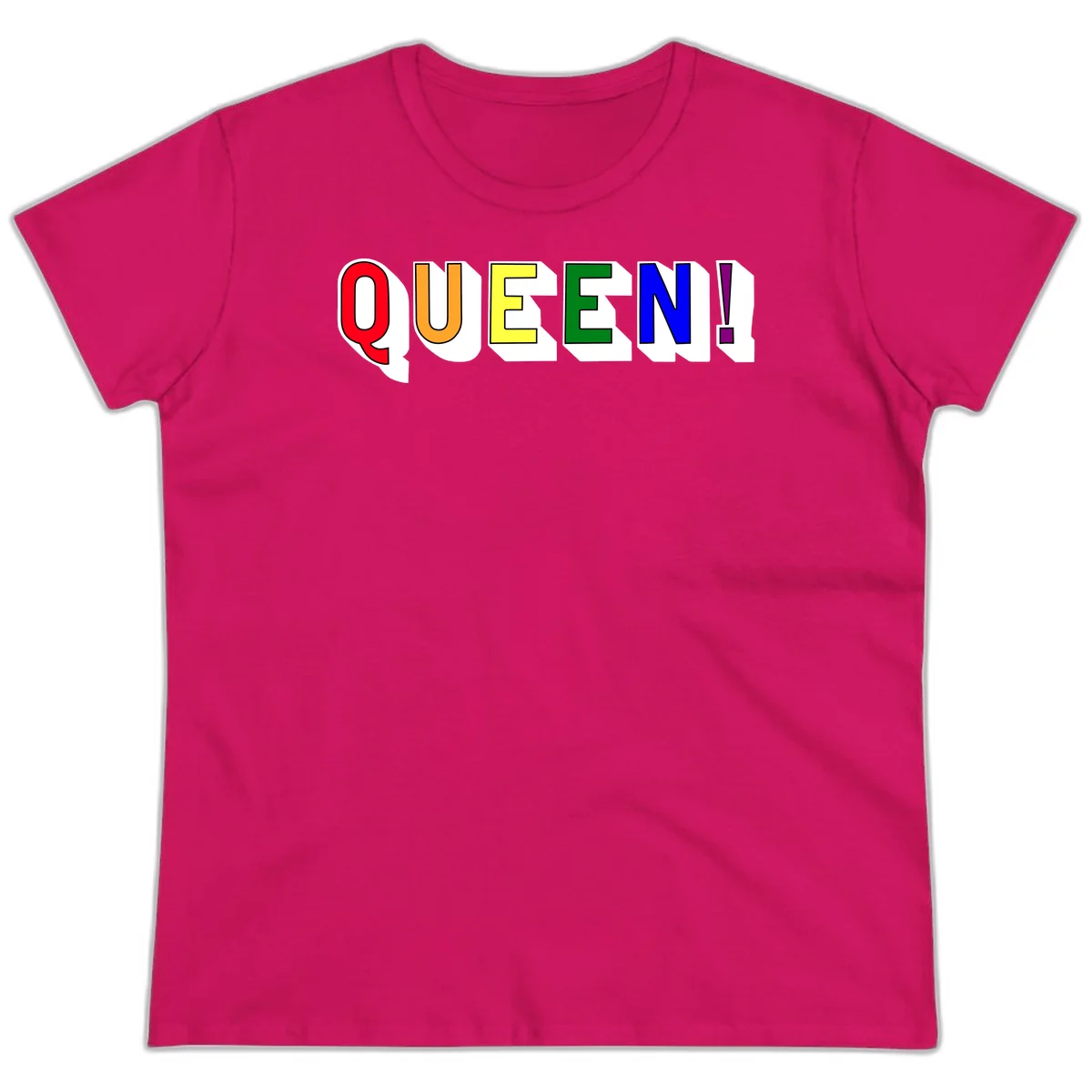 Rainbow-queen-pride design: colorful letters spelling QUEEN! in red, orange, yellow, green, blue, and purple with 3D shadow effect in Heliconia