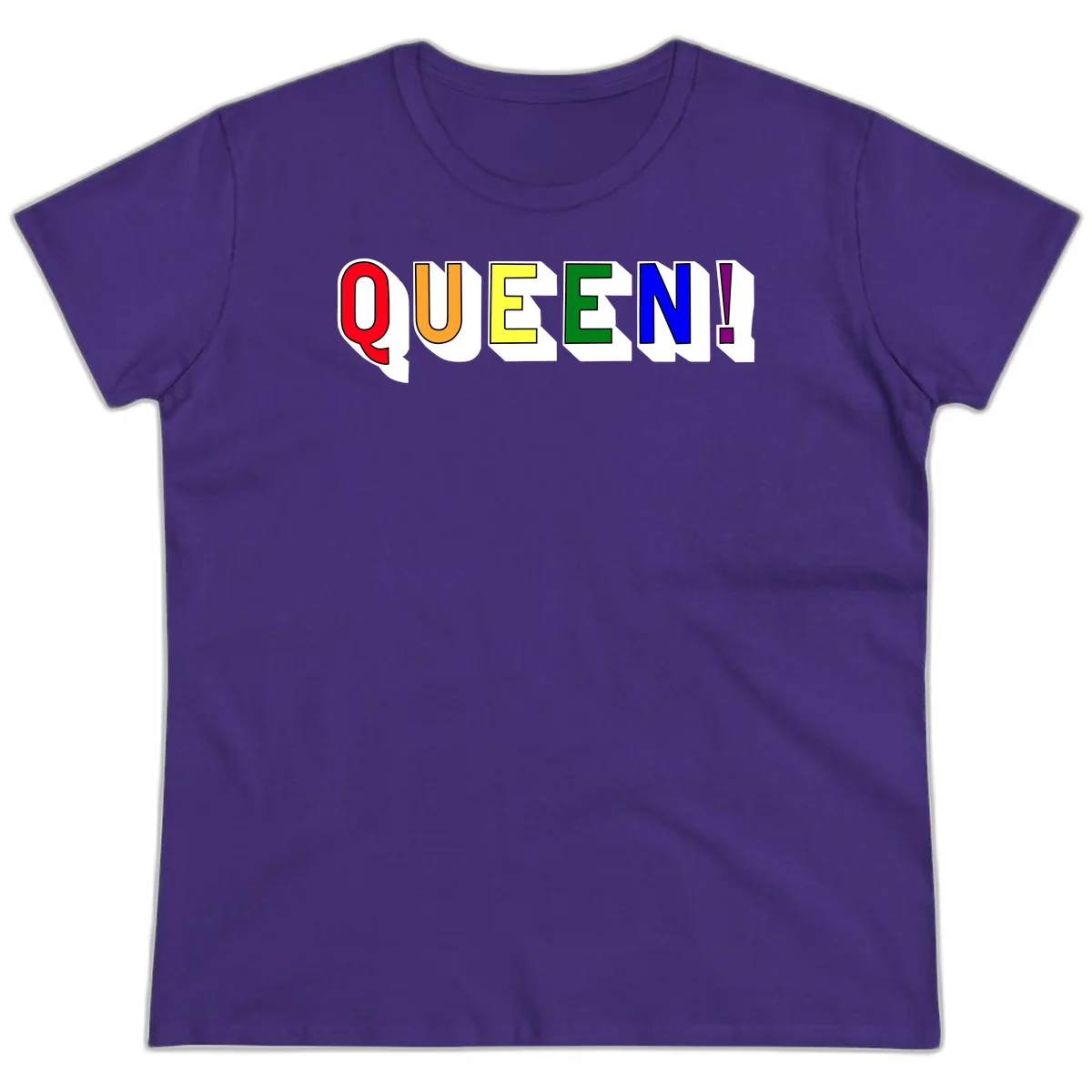Rainbow-queen-pride design: colorful letters spelling QUEEN! in red, orange, yellow, green, blue, and purple with 3D shadow effect in Purple