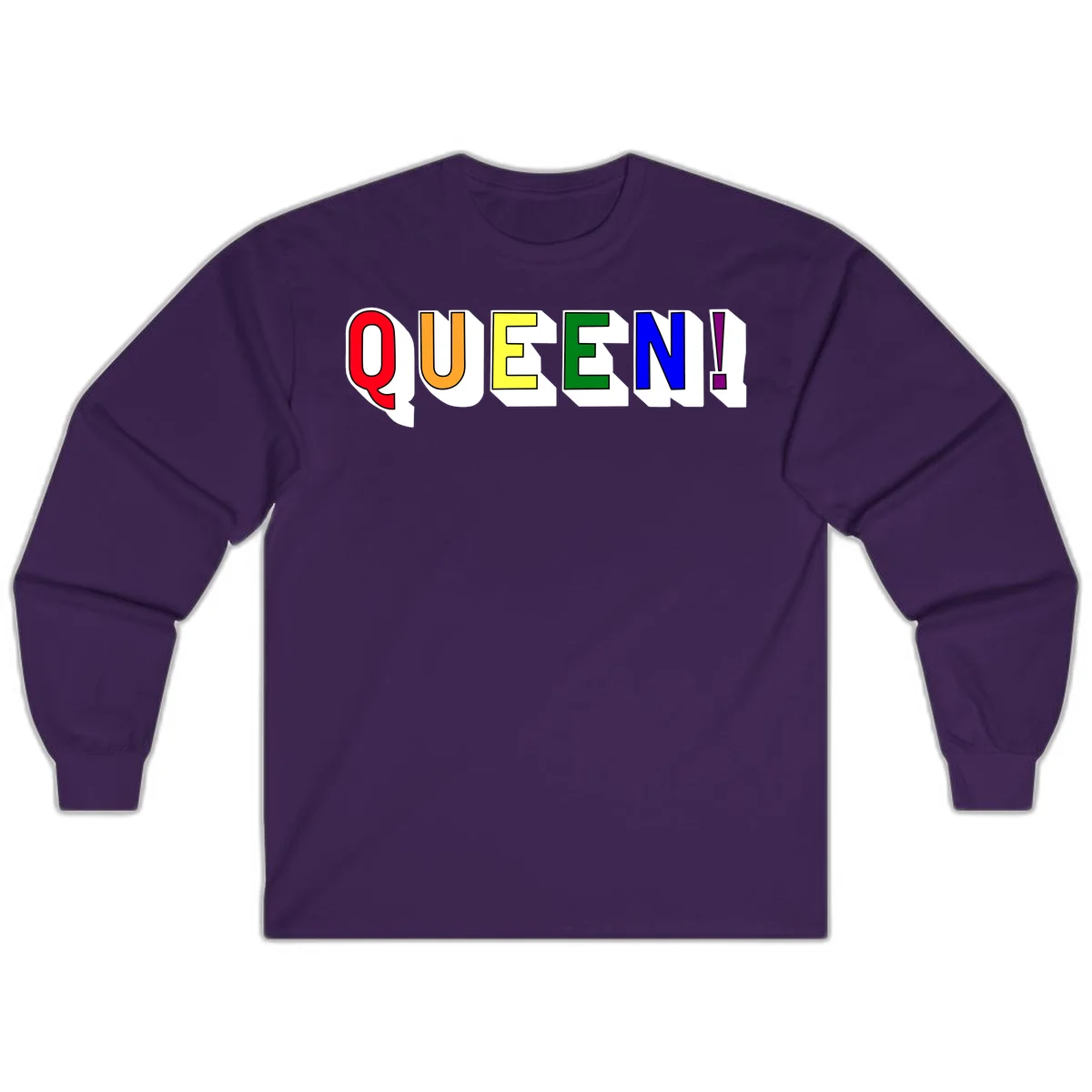 Rainbow-queen-pride design: colorful letters spelling QUEEN! in red, orange, yellow, green, blue, and purple with 3D shadow effect in Purple
