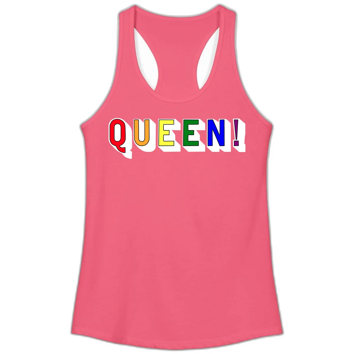 Rainbow-queen-pride design: colorful letters spelling QUEEN! in red, orange, yellow, green, blue, and purple with 3D shadow effect in Hot Pink