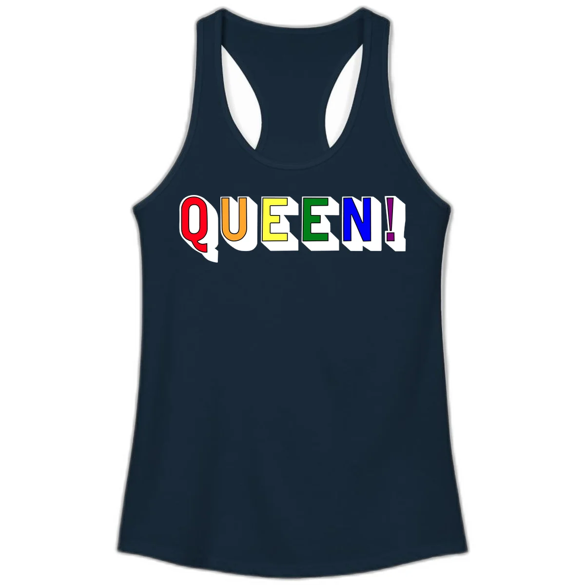 Rainbow-queen-pride design: colorful letters spelling QUEEN! in red, orange, yellow, green, blue, and purple with 3D shadow effect in Solid Midnight Navy