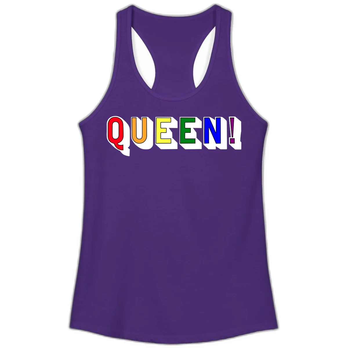 Rainbow-queen-pride design: colorful letters spelling QUEEN! in red, orange, yellow, green, blue, and purple with 3D shadow effect in Solid Purple Rush