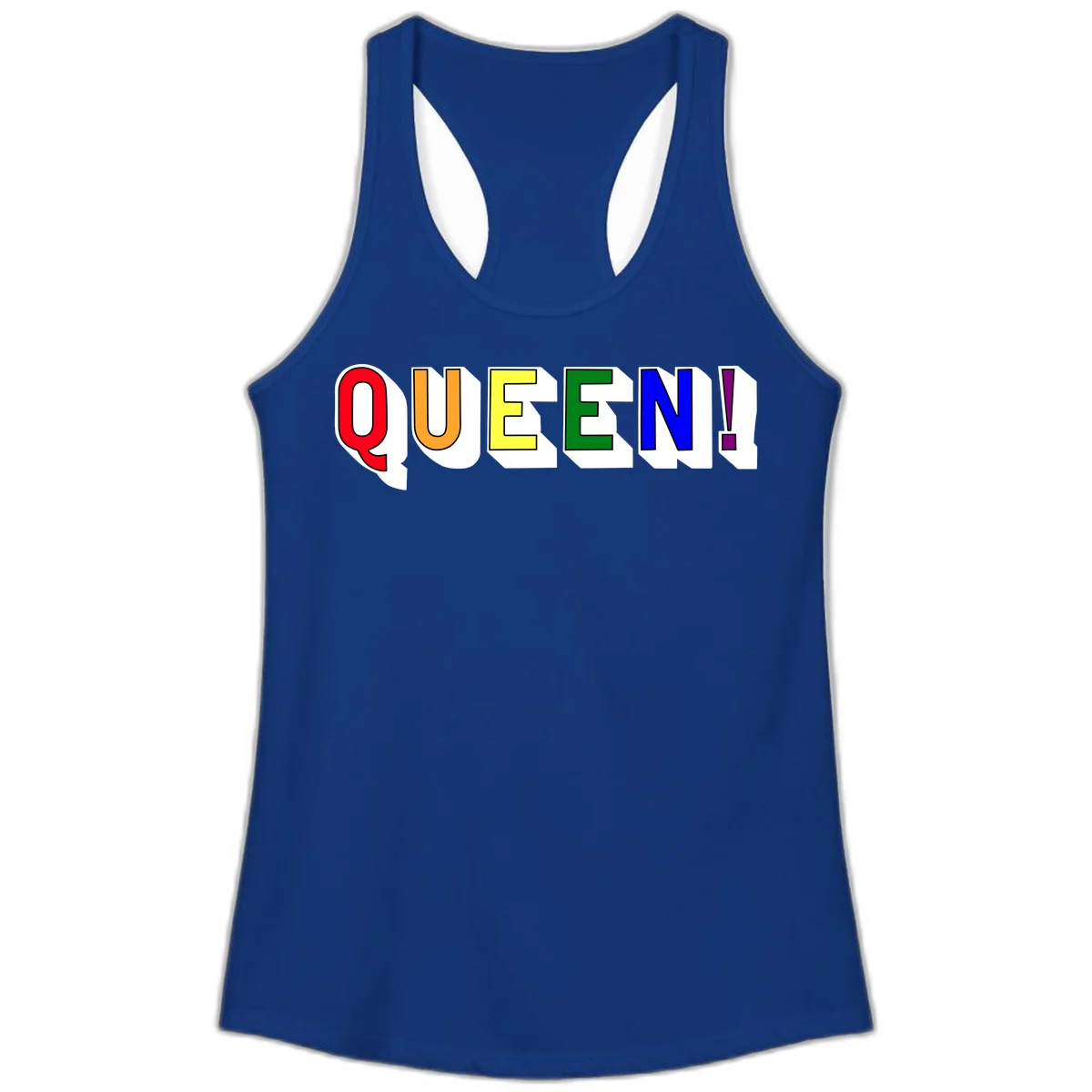 Rainbow-queen-pride design: colorful letters spelling QUEEN! in red, orange, yellow, green, blue, and purple with 3D shadow effect in Solid Royal