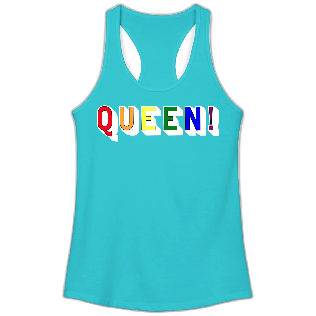 Rainbow-queen-pride design: colorful letters spelling QUEEN! in red, orange, yellow, green, blue, and purple with 3D shadow effect in Solid Tahiti Blue