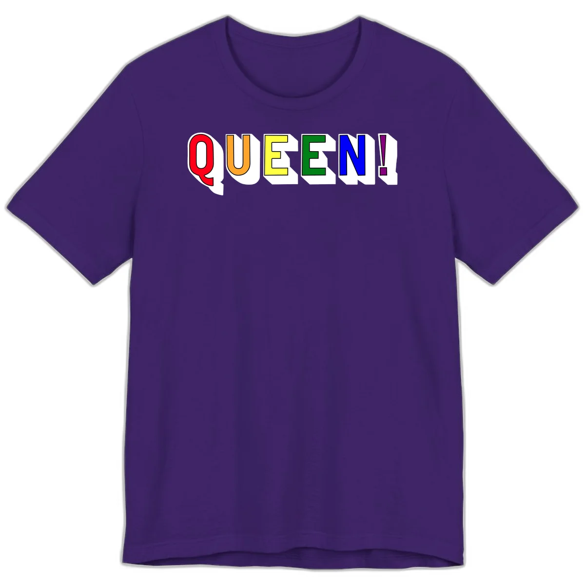 Rainbow-queen-pride design: colorful letters spelling QUEEN! in red, orange, yellow, green, blue, and purple with 3D shadow effect in Team Purple