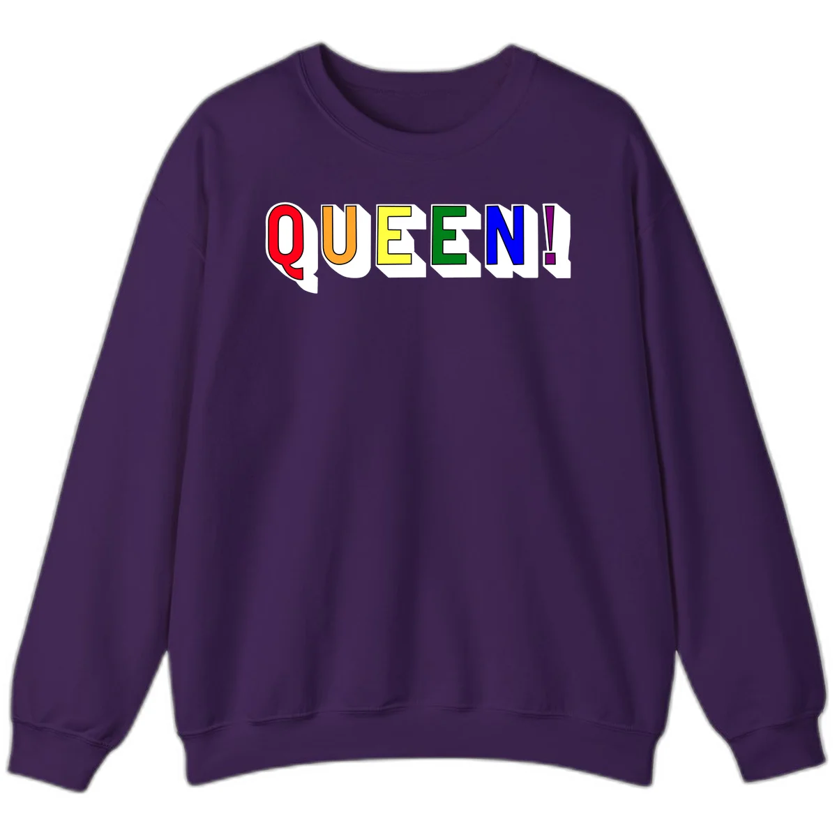 Rainbow-queen-pride design: colorful letters spelling QUEEN! in red, orange, yellow, green, blue, and purple with 3D shadow effect in Purple