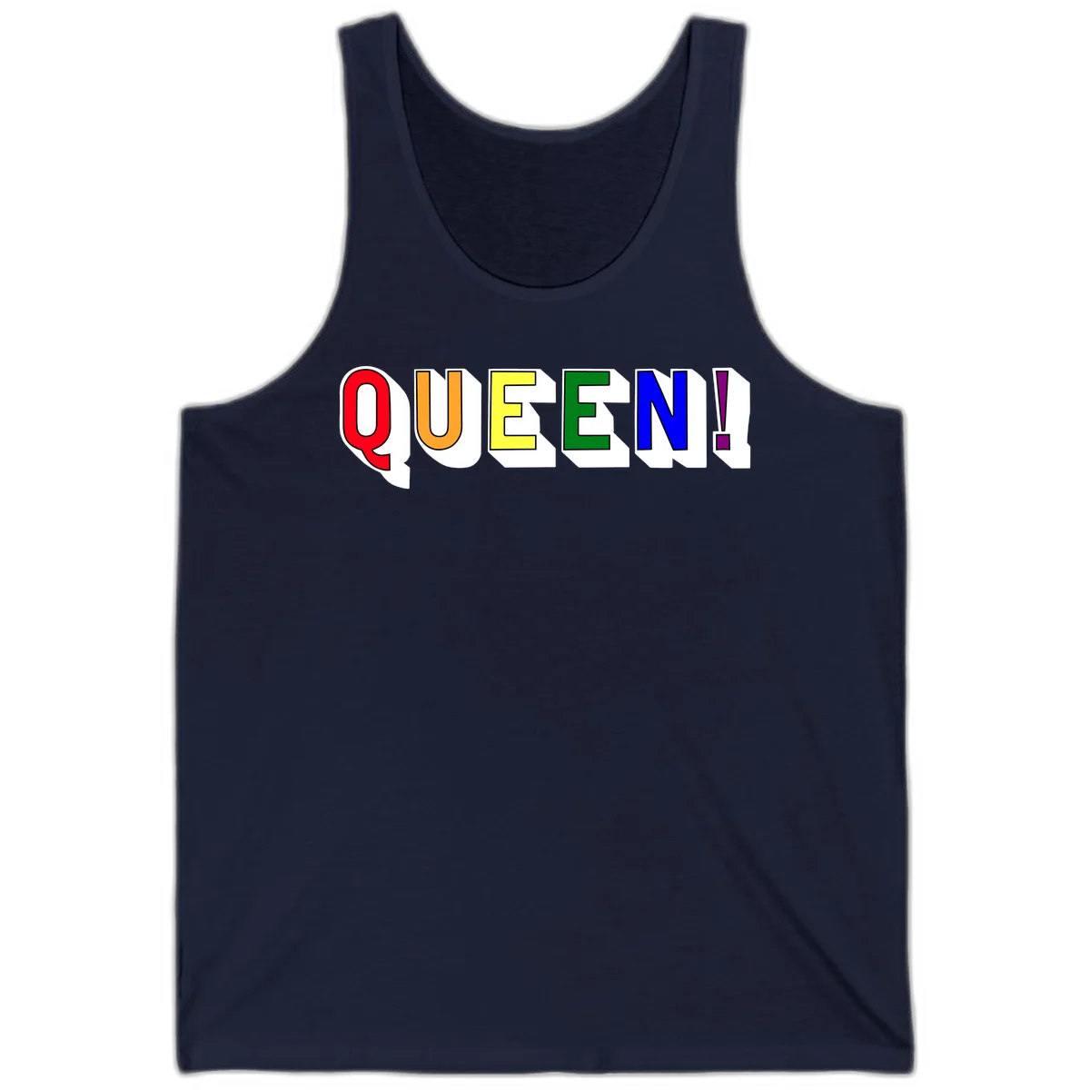 Rainbow-queen-pride design: colorful letters spelling QUEEN! in red, orange, yellow, green, blue, and purple with 3D shadow effect in Navy