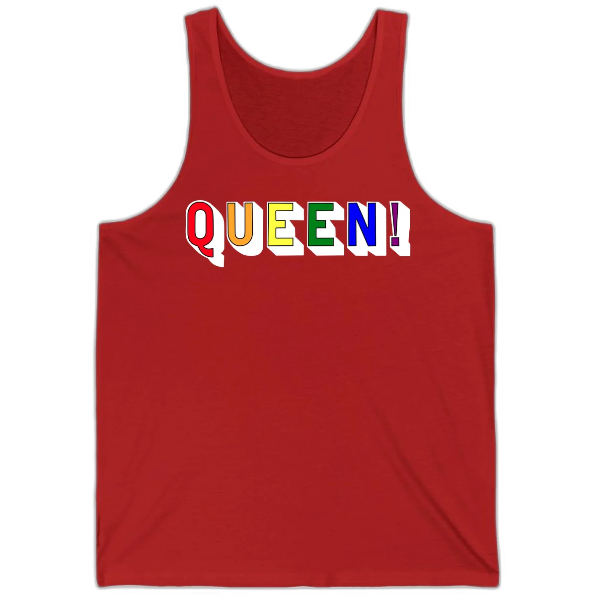 Rainbow-queen-pride design: colorful letters spelling QUEEN! in red, orange, yellow, green, blue, and purple with 3D shadow effect in Red