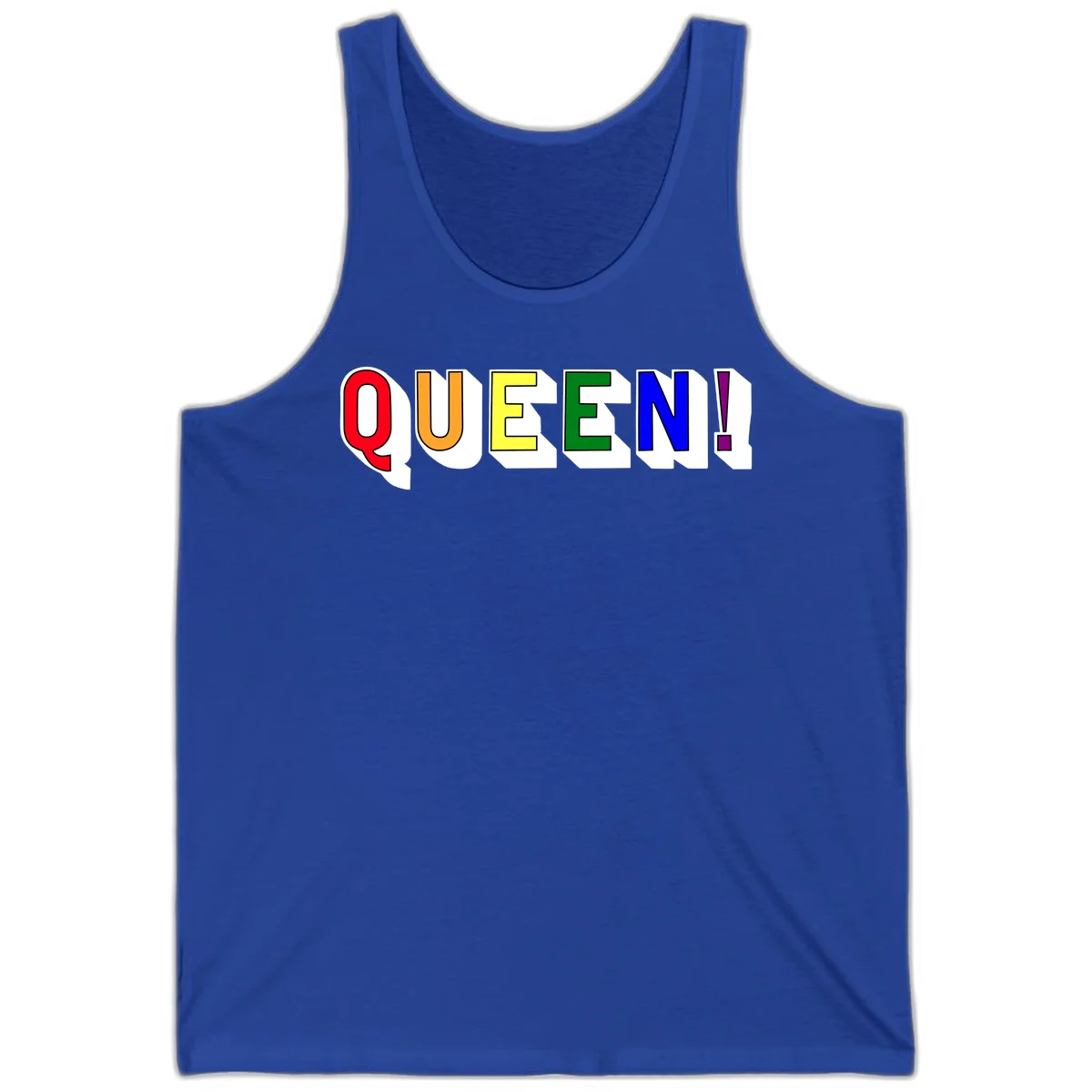 Rainbow-queen-pride design: colorful letters spelling QUEEN! in red, orange, yellow, green, blue, and purple with 3D shadow effect in True Royal