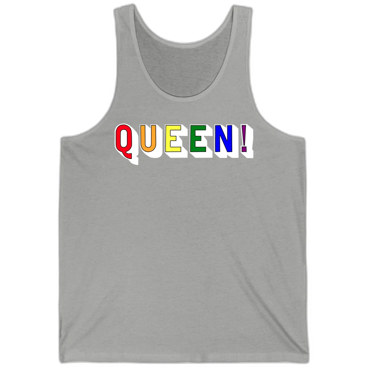 Rainbow-queen-pride design: colorful letters spelling QUEEN! in red, orange, yellow, green, blue, and purple with 3D shadow effect in Athletic Heather