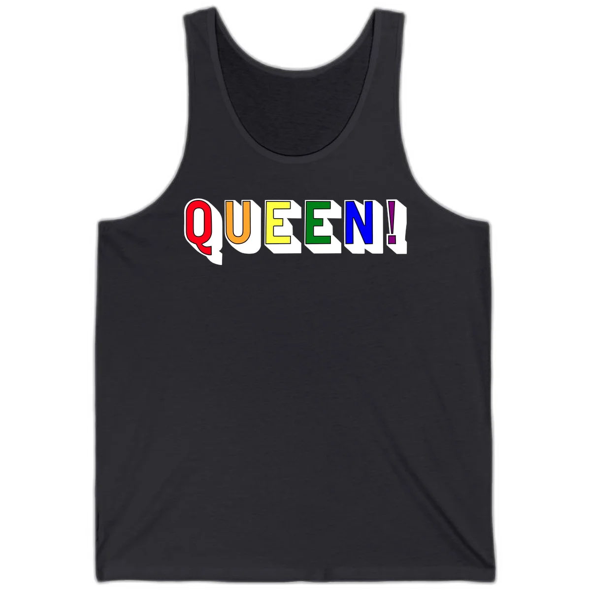 Rainbow-queen-pride design: colorful letters spelling QUEEN! in red, orange, yellow, green, blue, and purple with 3D shadow effect in Dark Grey