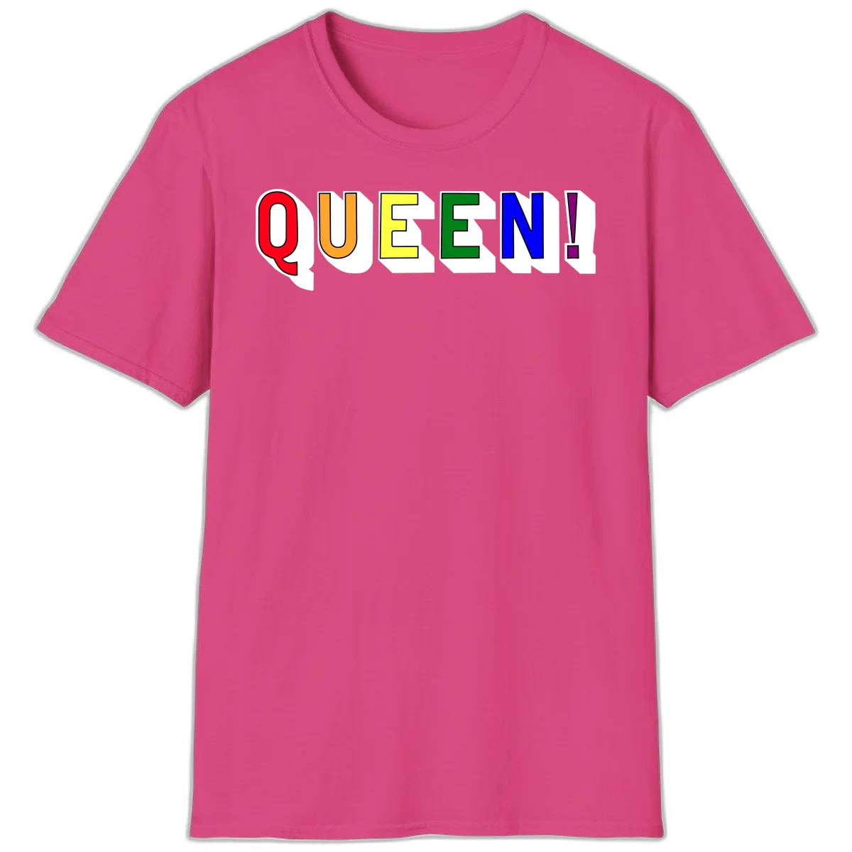Rainbow-queen-pride design: colorful letters spelling QUEEN! in red, orange, yellow, green, blue, and purple with 3D shadow effect in Heliconia