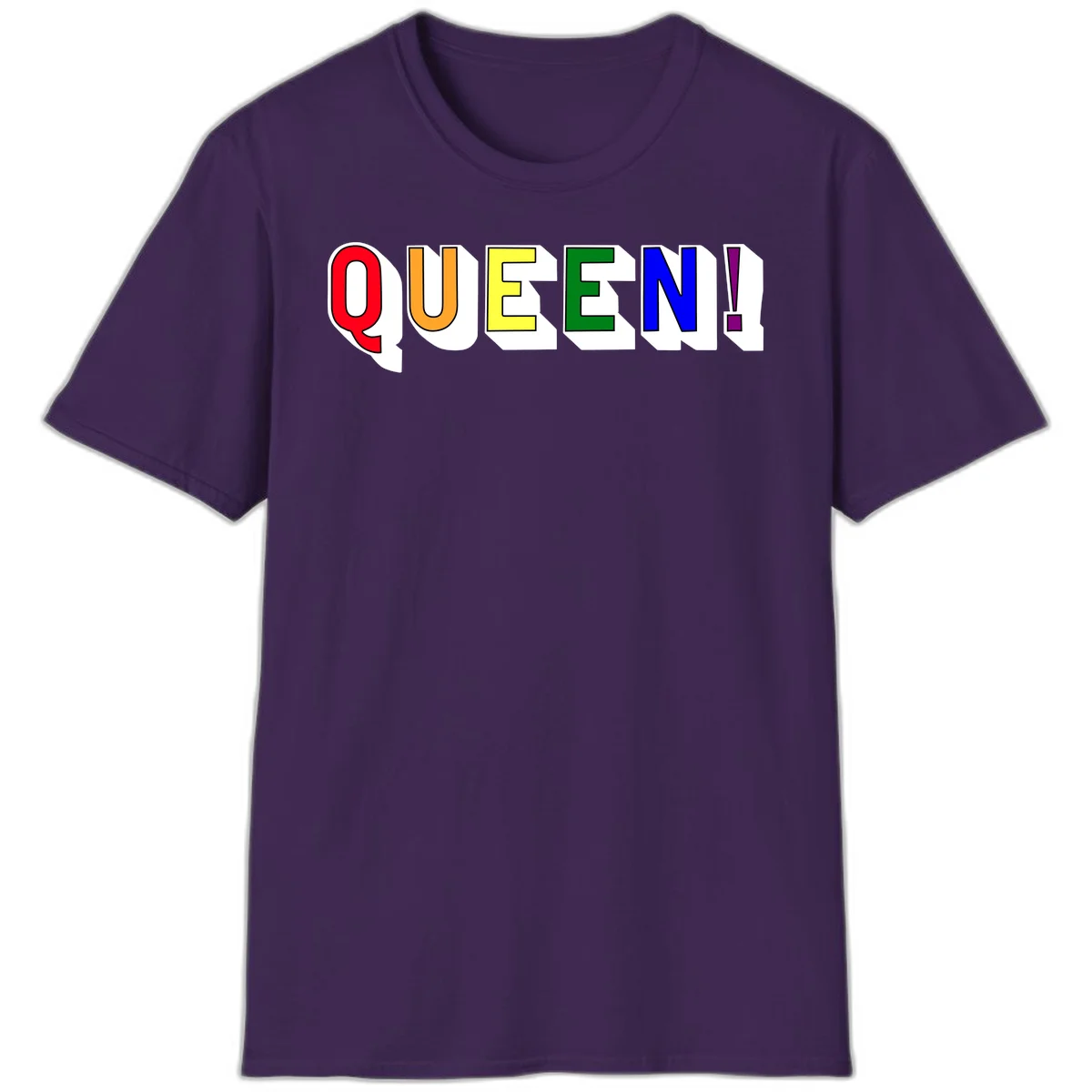 Rainbow-queen-pride design: colorful letters spelling QUEEN! in red, orange, yellow, green, blue, and purple with 3D shadow effect in Purple