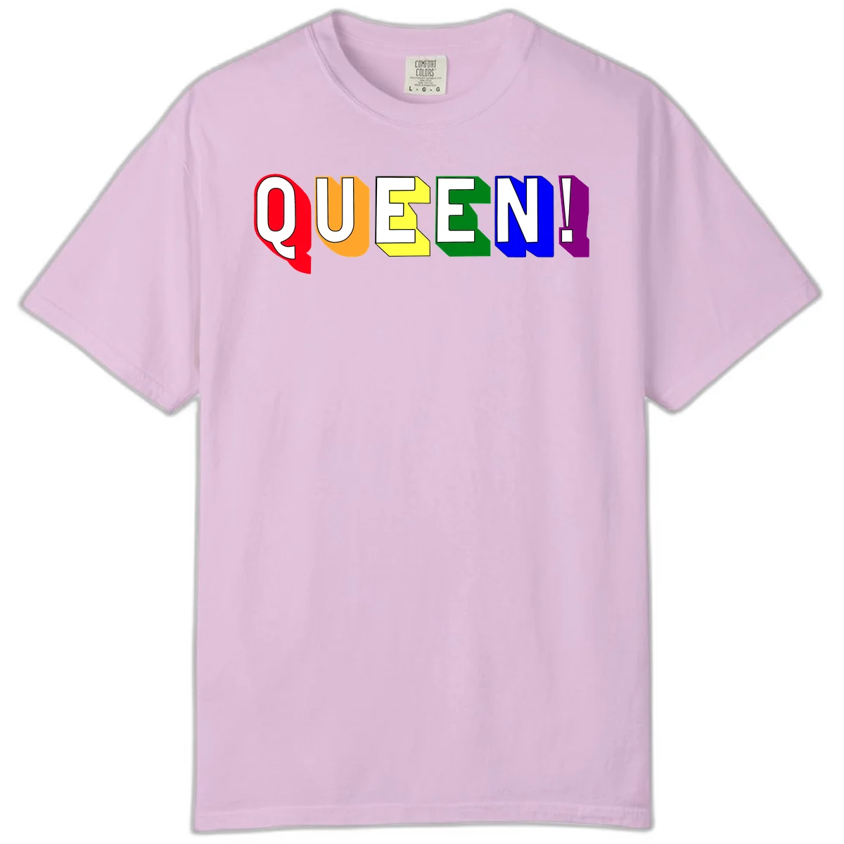 Colorful rainbow typography spelling QUEEN! with each letter in red, orange, yellow, green, blue, and purple on gray background in Orchid