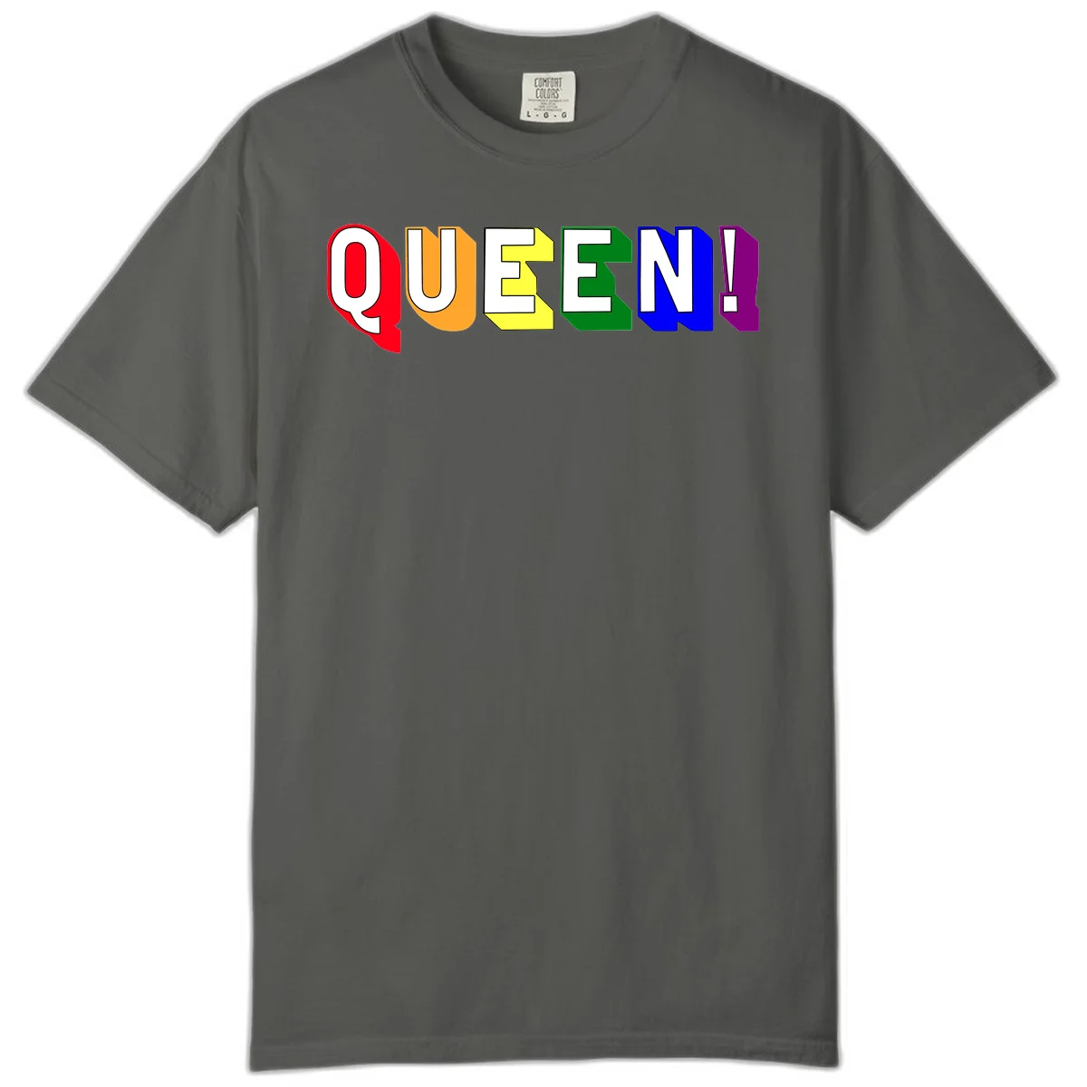 Colorful rainbow typography spelling QUEEN! with each letter in red, orange, yellow, green, blue, and purple on gray background in Pepper