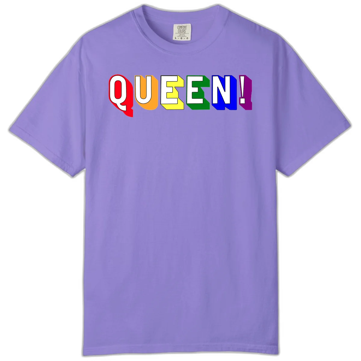Colorful rainbow typography spelling QUEEN! with each letter in red, orange, yellow, green, blue, and purple on gray background in Violet