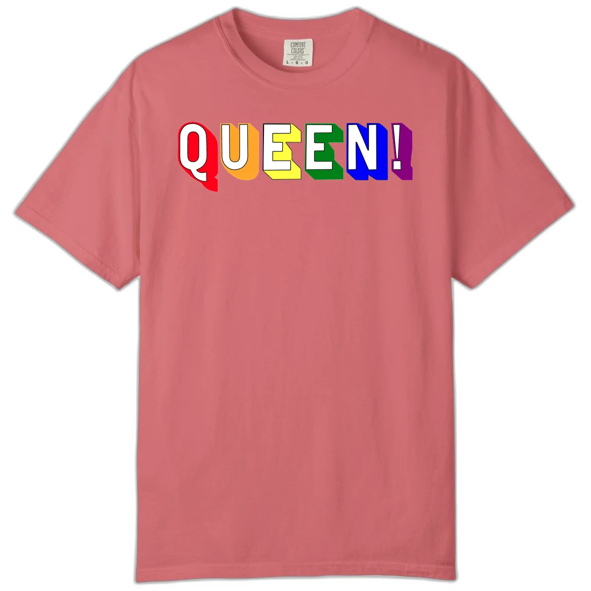 Colorful rainbow typography spelling QUEEN! with each letter in red, orange, yellow, green, blue, and purple on gray background in Watermelon