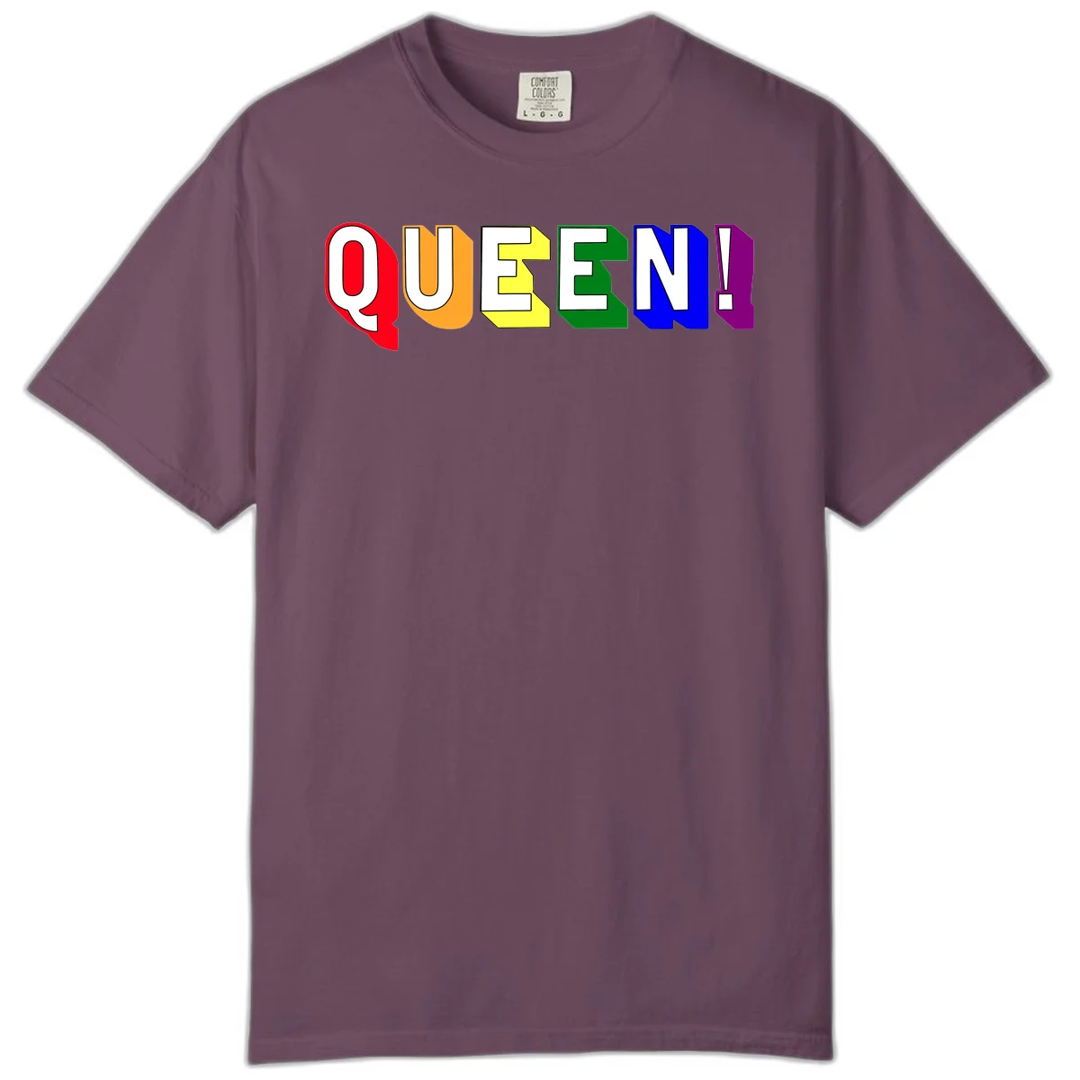 Colorful rainbow typography spelling QUEEN! with each letter in red, orange, yellow, green, blue, and purple on gray background in Berry