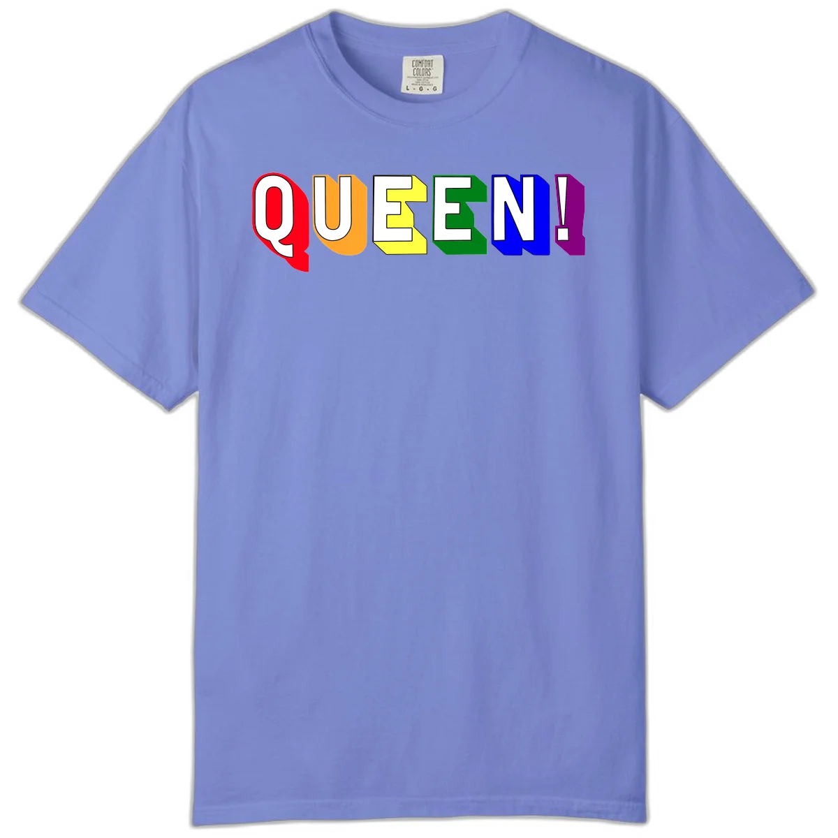Colorful rainbow typography spelling QUEEN! with each letter in red, orange, yellow, green, blue, and purple on gray background in Flo Blue
