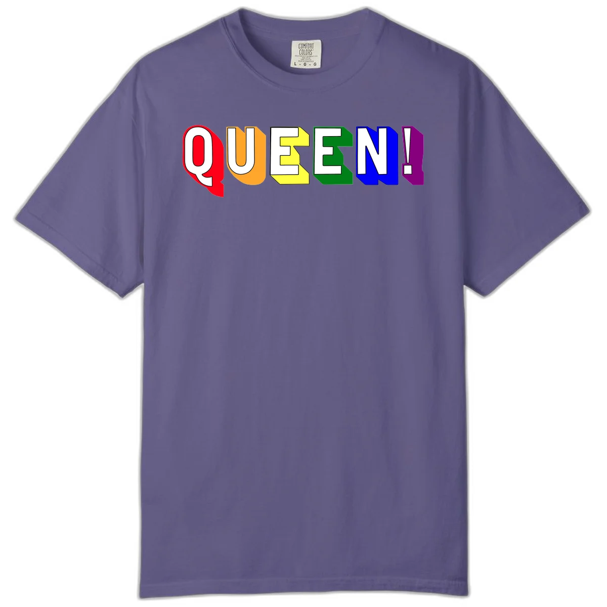 Colorful rainbow typography spelling QUEEN! with each letter in red, orange, yellow, green, blue, and purple on gray background in Grape