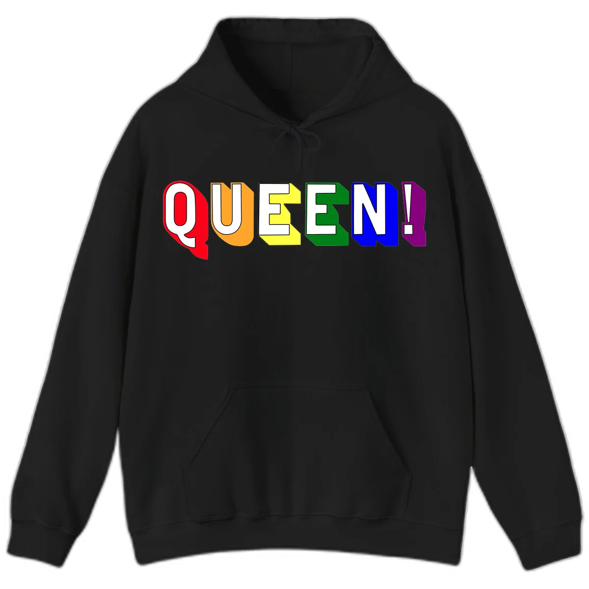 Colorful rainbow typography spelling QUEEN! with each letter in red, orange, yellow, green, blue, and purple on gray background in Black