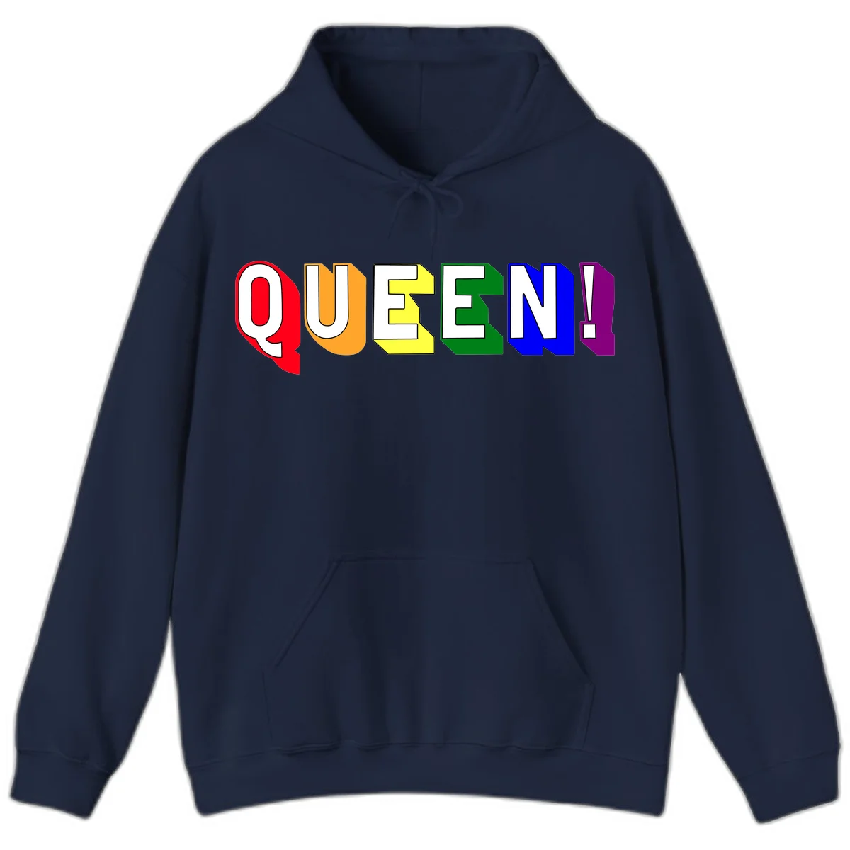 Colorful rainbow typography spelling QUEEN! with each letter in red, orange, yellow, green, blue, and purple on gray background in Navy