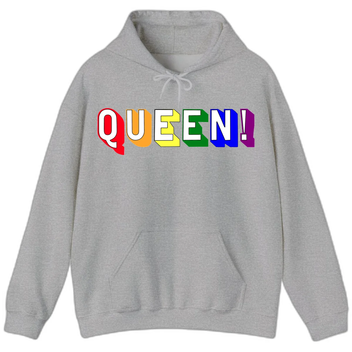 Colorful rainbow typography spelling QUEEN! with each letter in red, orange, yellow, green, blue, and purple on gray background in Sport Grey