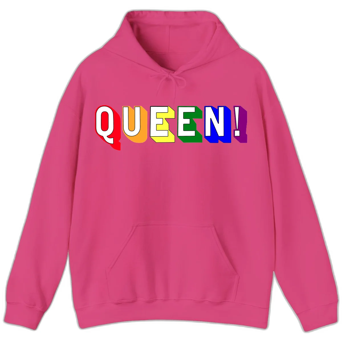 Colorful rainbow typography spelling QUEEN! with each letter in red, orange, yellow, green, blue, and purple on gray background in Heliconia