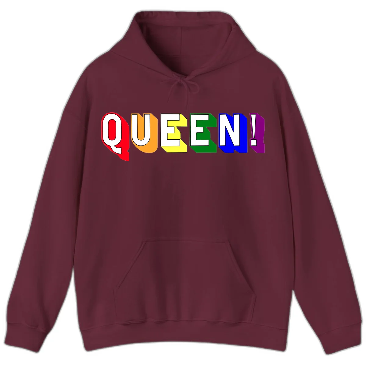 Colorful rainbow typography spelling QUEEN! with each letter in red, orange, yellow, green, blue, and purple on gray background in Maroon