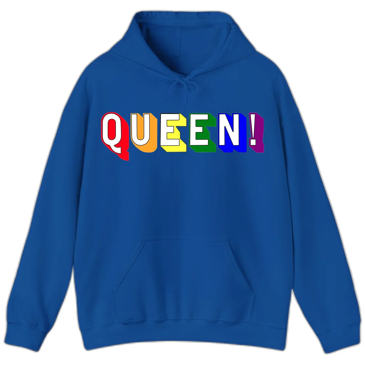 Colorful rainbow typography spelling QUEEN! with each letter in red, orange, yellow, green, blue, and purple on gray background in Royal