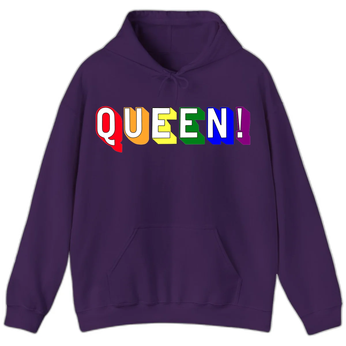 Colorful rainbow typography spelling QUEEN! with each letter in red, orange, yellow, green, blue, and purple on gray background in Purple