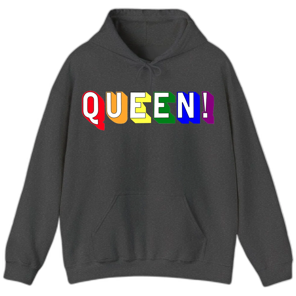 Colorful rainbow typography spelling QUEEN! with each letter in red, orange, yellow, green, blue, and purple on gray background in Dark Heather