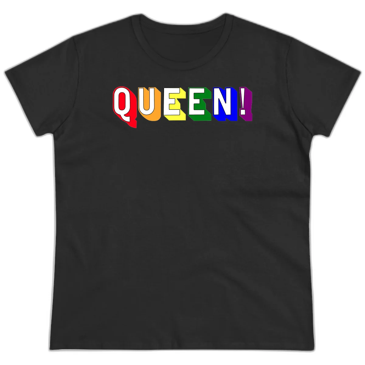 Colorful rainbow typography spelling QUEEN! with each letter in red, orange, yellow, green, blue, and purple on gray background in Black