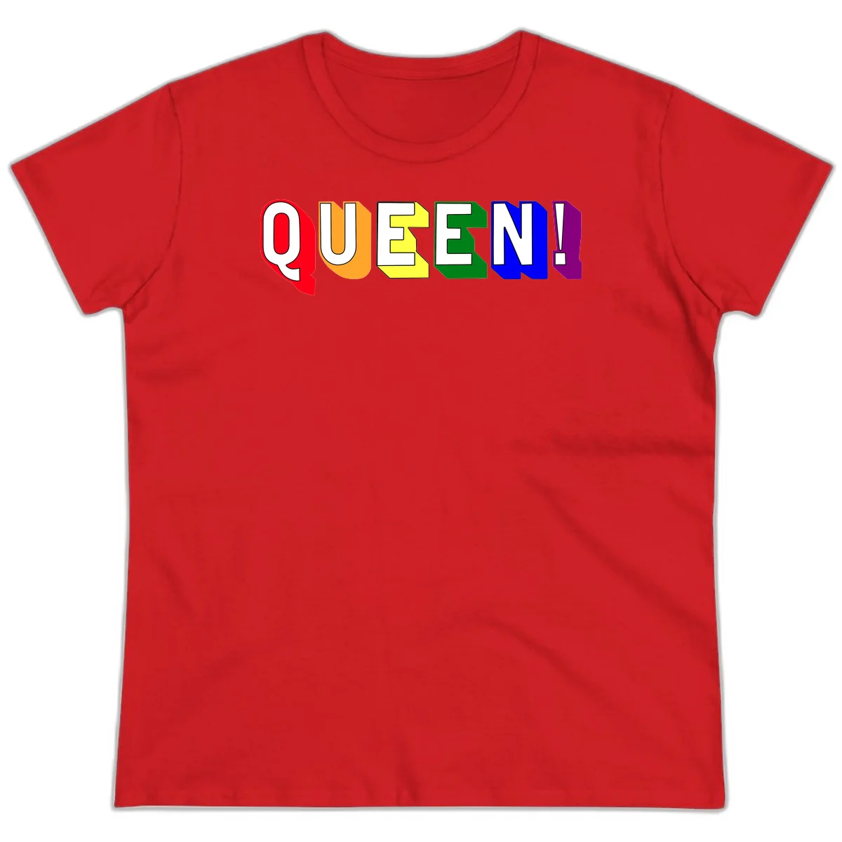 Colorful rainbow typography spelling QUEEN! with each letter in red, orange, yellow, green, blue, and purple on gray background in Red