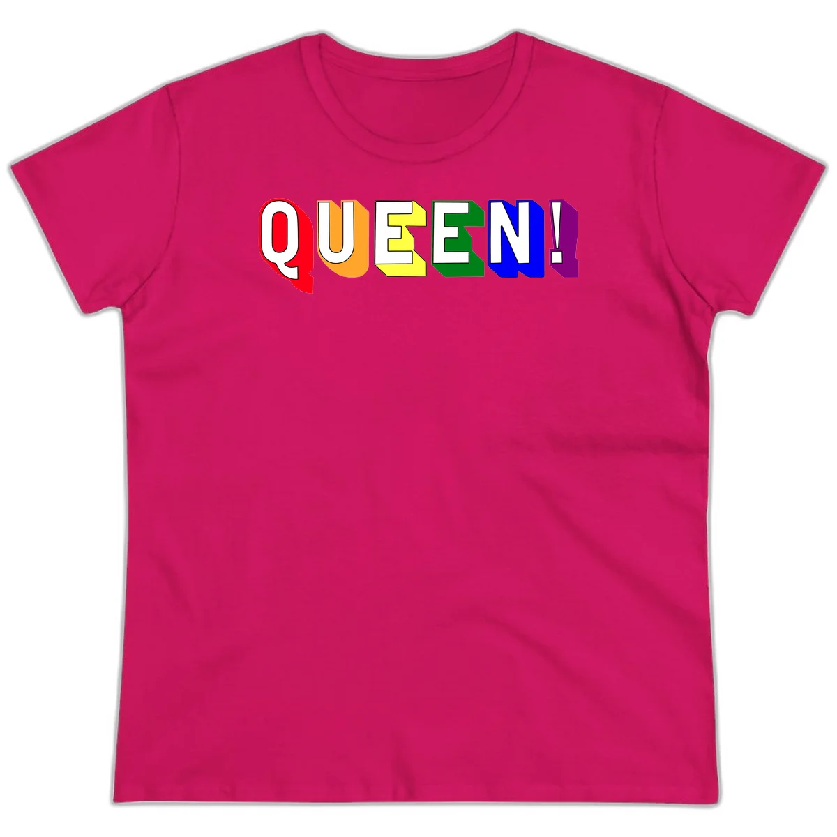 Colorful rainbow typography spelling QUEEN! with each letter in red, orange, yellow, green, blue, and purple on gray background in Heliconia