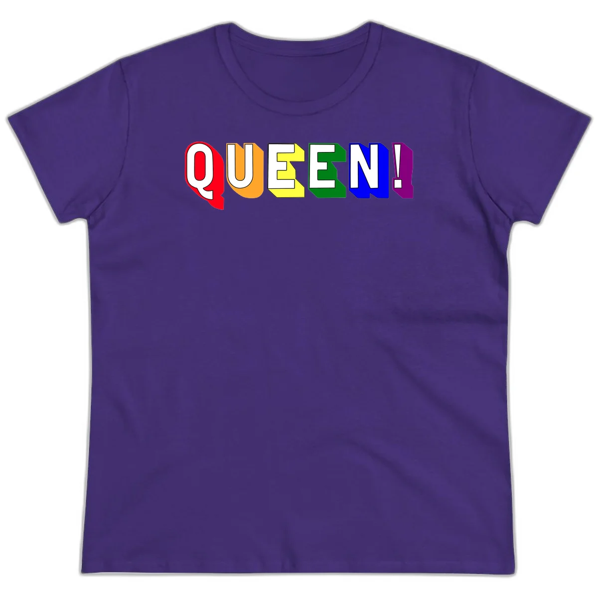 Colorful rainbow typography spelling QUEEN! with each letter in red, orange, yellow, green, blue, and purple on gray background in Purple