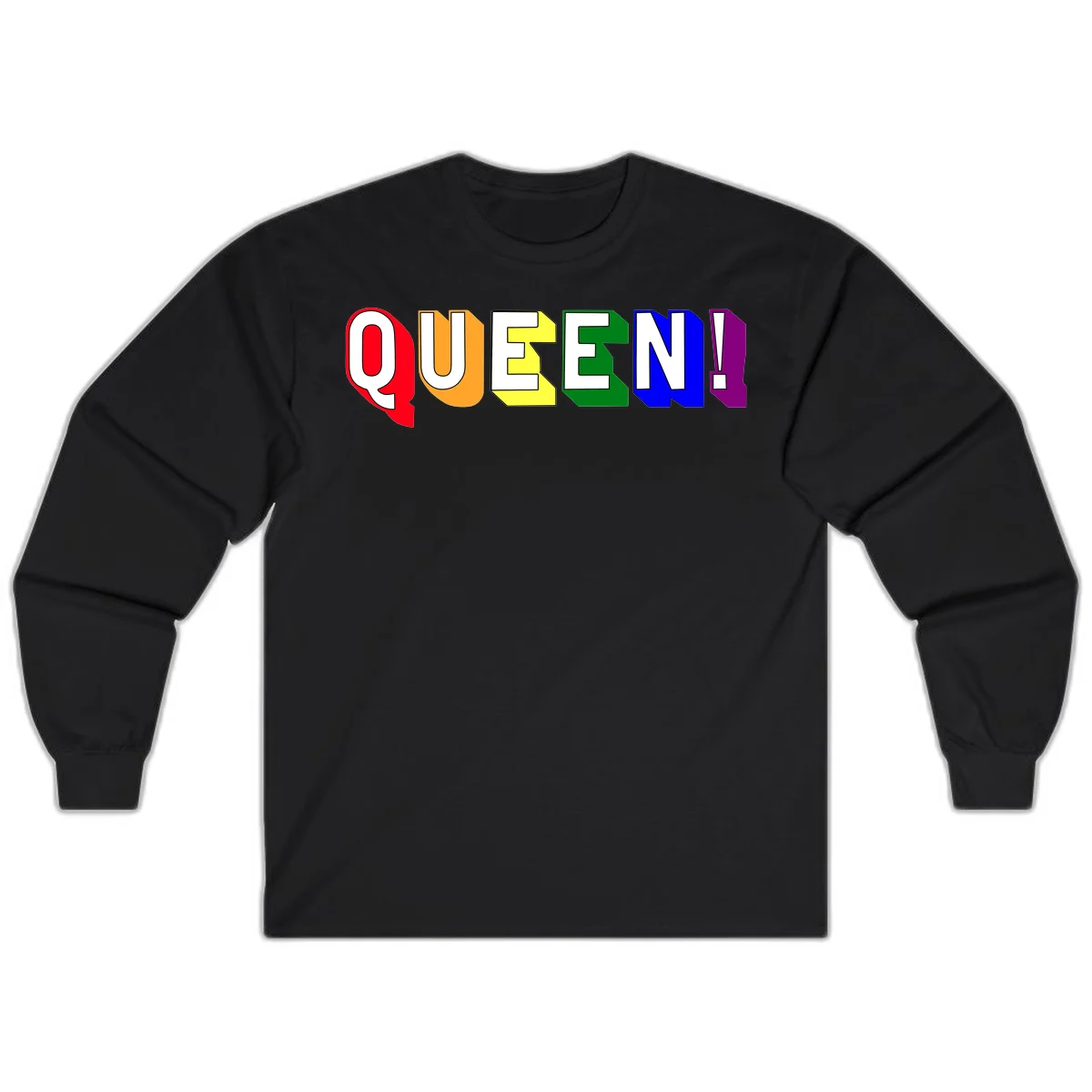 Colorful rainbow typography spelling QUEEN! with each letter in red, orange, yellow, green, blue, and purple on gray background in Black