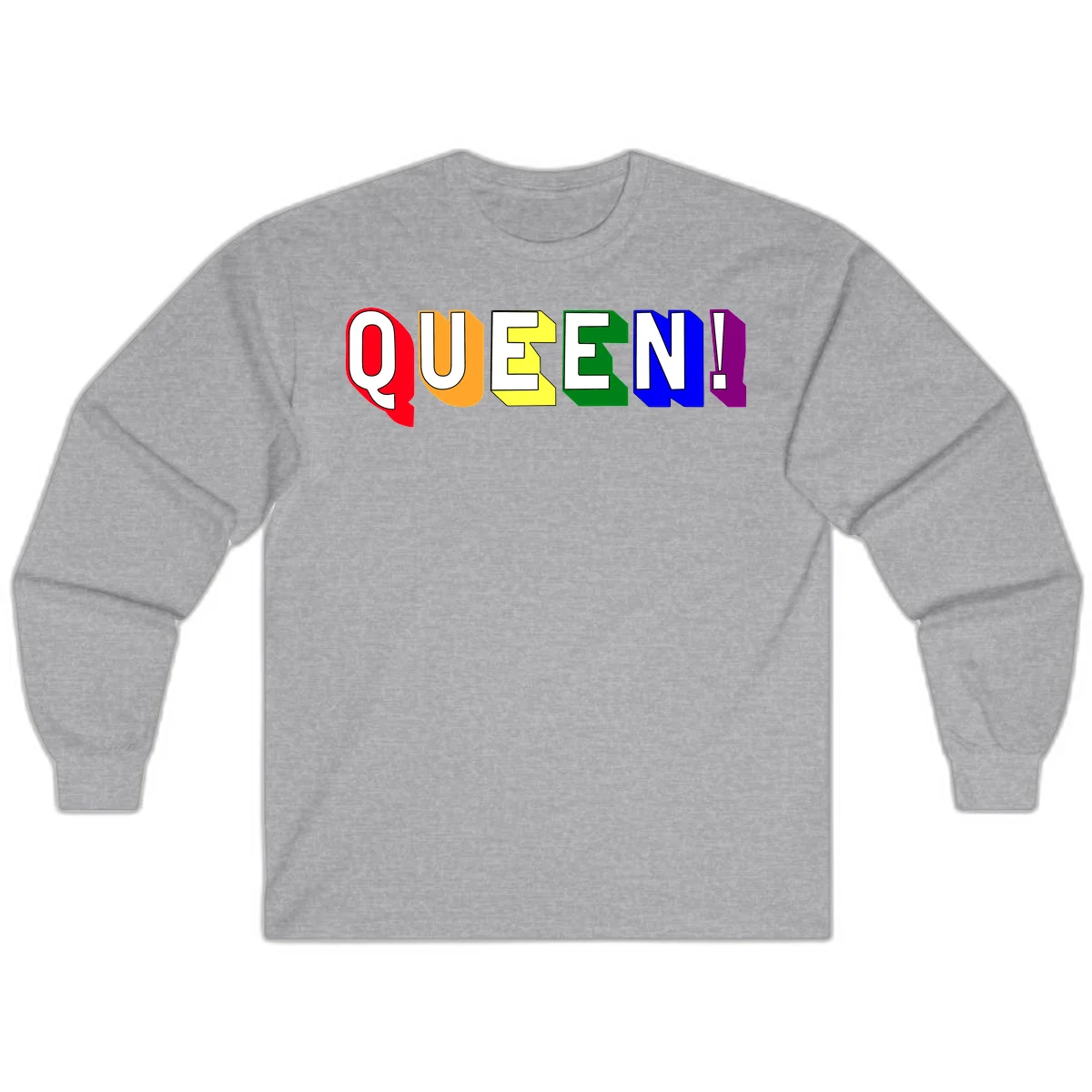 Colorful rainbow typography spelling QUEEN! with each letter in red, orange, yellow, green, blue, and purple on gray background in Sport Grey