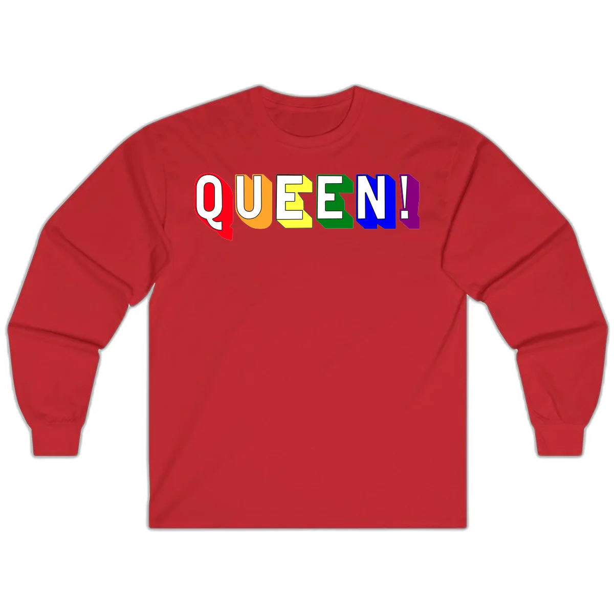 Colorful rainbow typography spelling QUEEN! with each letter in red, orange, yellow, green, blue, and purple on gray background in Red